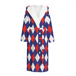 Blue Red And White Argyle Pattern Print Hooded Bathrobe