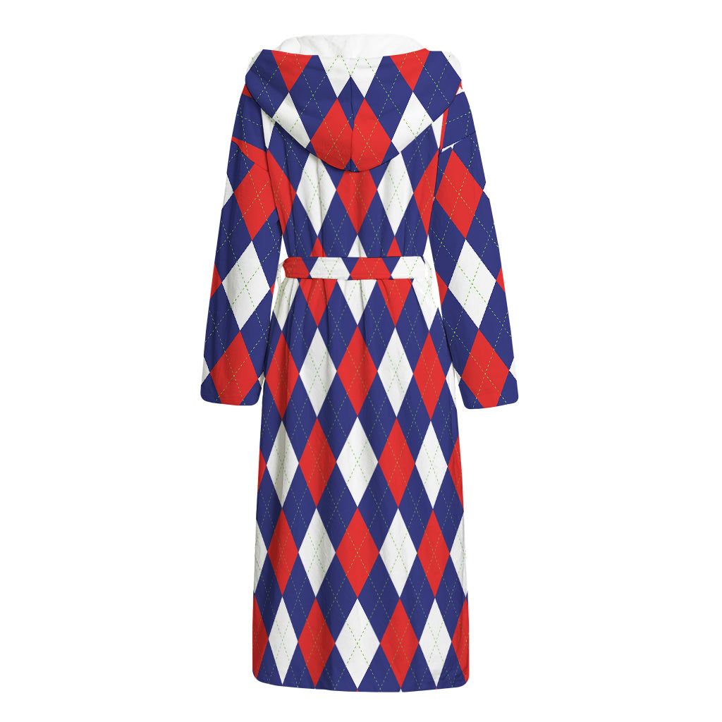Blue Red And White Argyle Pattern Print Hooded Bathrobe