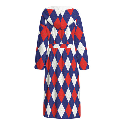 Blue Red And White Argyle Pattern Print Hooded Bathrobe