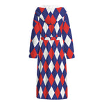 Blue Red And White Argyle Pattern Print Hooded Bathrobe