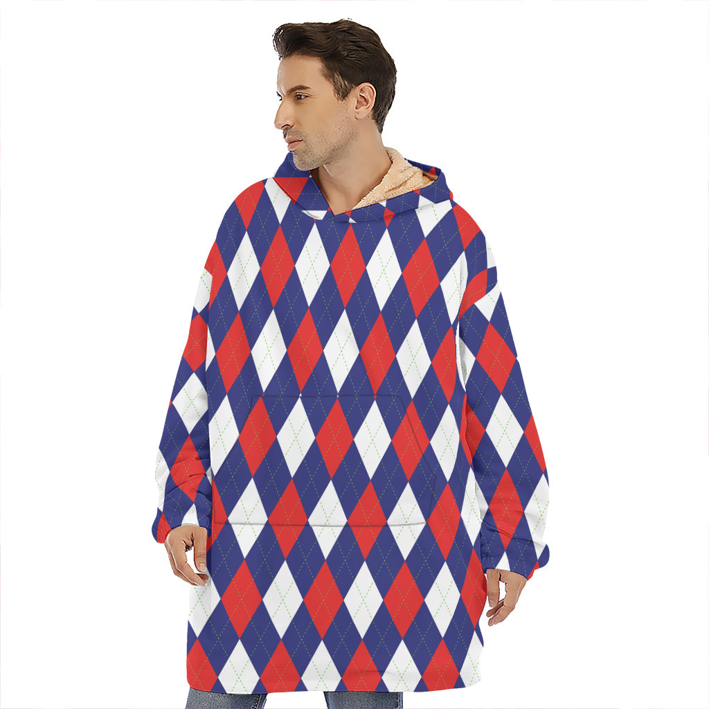 Blue Red And White Argyle Pattern Print Hoodie Blanket
