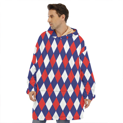 Blue Red And White Argyle Pattern Print Hoodie Blanket