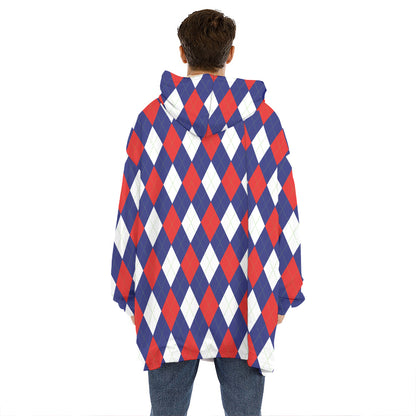 Blue Red And White Argyle Pattern Print Hoodie Blanket