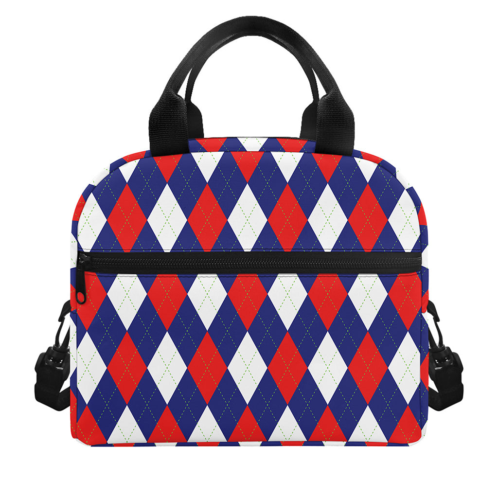 Blue Red And White Argyle Pattern Print Insulated Lunch Bag