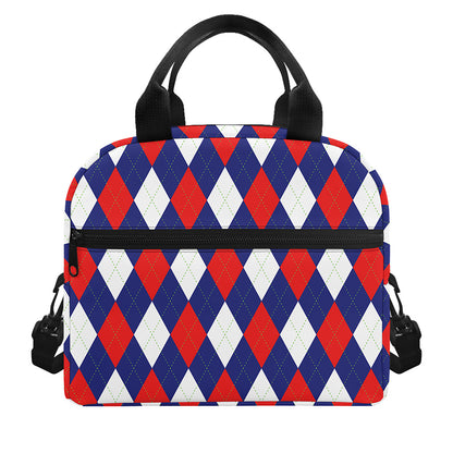 Blue Red And White Argyle Pattern Print Insulated Lunch Bag