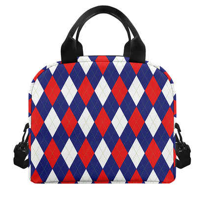 Blue Red And White Argyle Pattern Print Insulated Lunch Bag