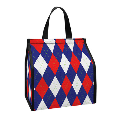 Blue Red And White Argyle Pattern Print Insulated Lunch Tote
