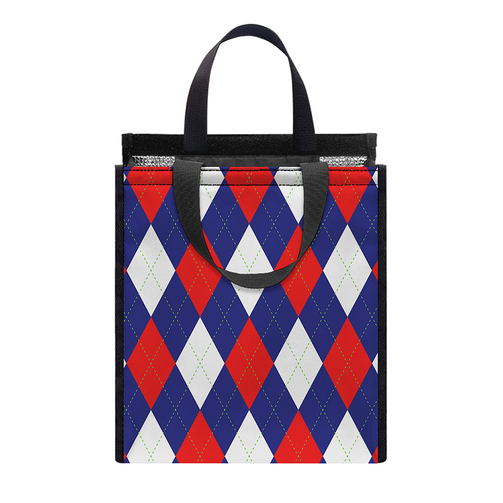 Blue Red And White Argyle Pattern Print Insulated Lunch Tote