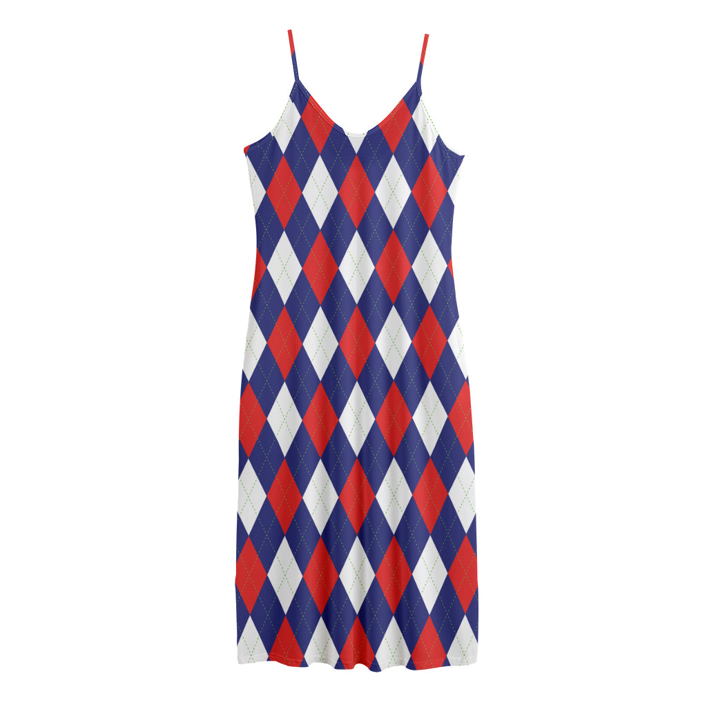 Blue Red And White Argyle Pattern Print Jersey Midi Cami Dress