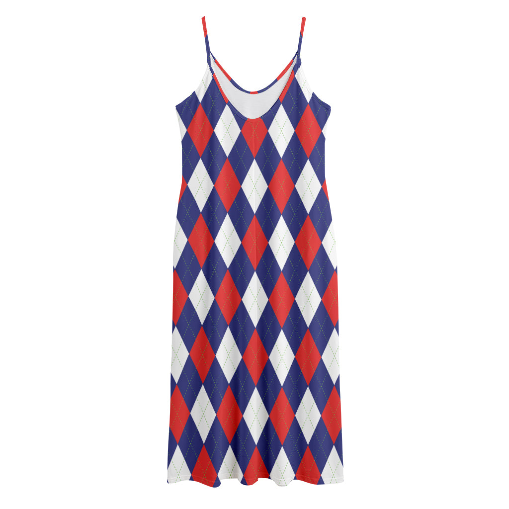 Blue Red And White Argyle Pattern Print Jersey Midi Cami Dress