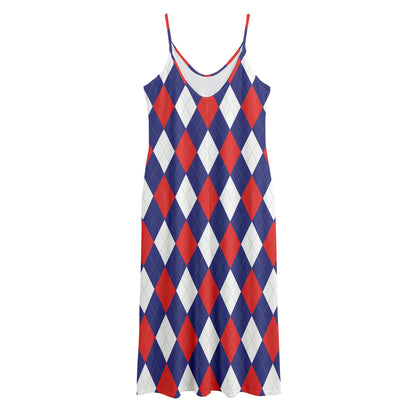 Blue Red And White Argyle Pattern Print Jersey Midi Cami Dress