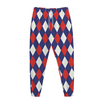 Blue Red And White Argyle Pattern Print Jogger Pants