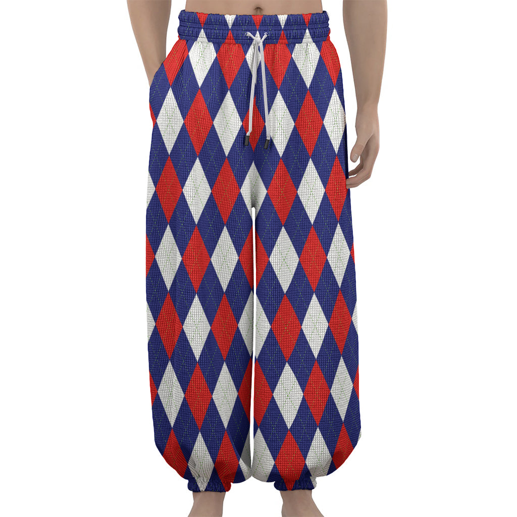 Blue Red And White Argyle Pattern Print Lantern Pants