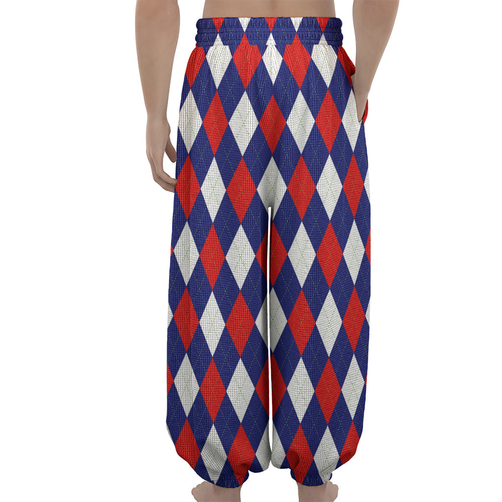 Blue Red And White Argyle Pattern Print Lantern Pants