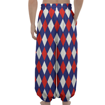 Blue Red And White Argyle Pattern Print Lantern Pants