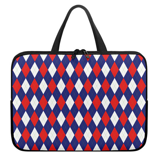 Blue Red And White Argyle Pattern Print Laptop Sleeve With Handle