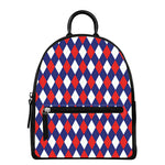 Blue Red And White Argyle Pattern Print Leather Backpack