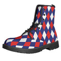 Blue Red And White Argyle Pattern Print Lace-Up Boots
