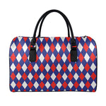 Blue Red And White Argyle Pattern Print Leather Duffle Bag
