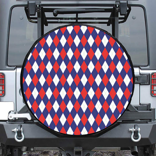 Blue Red And White Argyle Pattern Print Leather Spare Tire Cover