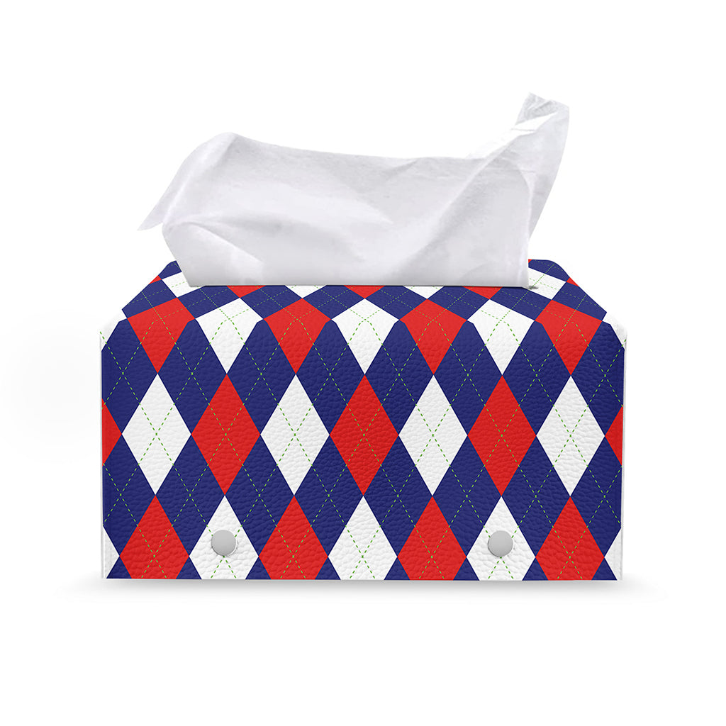 Blue Red And White Argyle Pattern Print Leather Tissue Box Cover