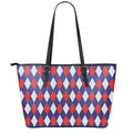 Blue Red And White Argyle Pattern Print Leather Tote Bag With Zipper