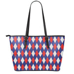 Blue Red And White Argyle Pattern Print Leather Tote Bag