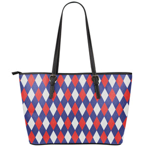 Blue Red And White Argyle Pattern Print Leather Tote Bag