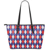 Blue Red And White Argyle Pattern Print Leather Tote Bag