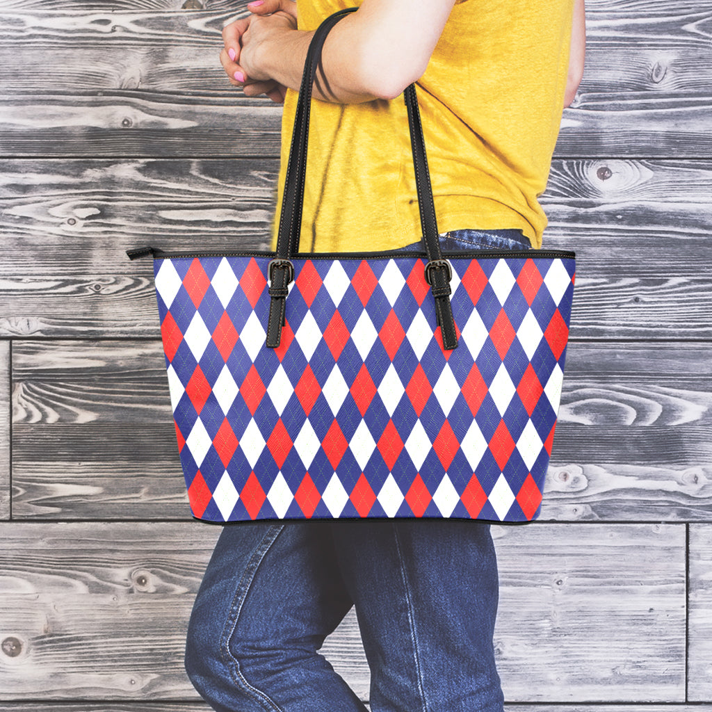 Blue Red And White Argyle Pattern Print Leather Tote Bag