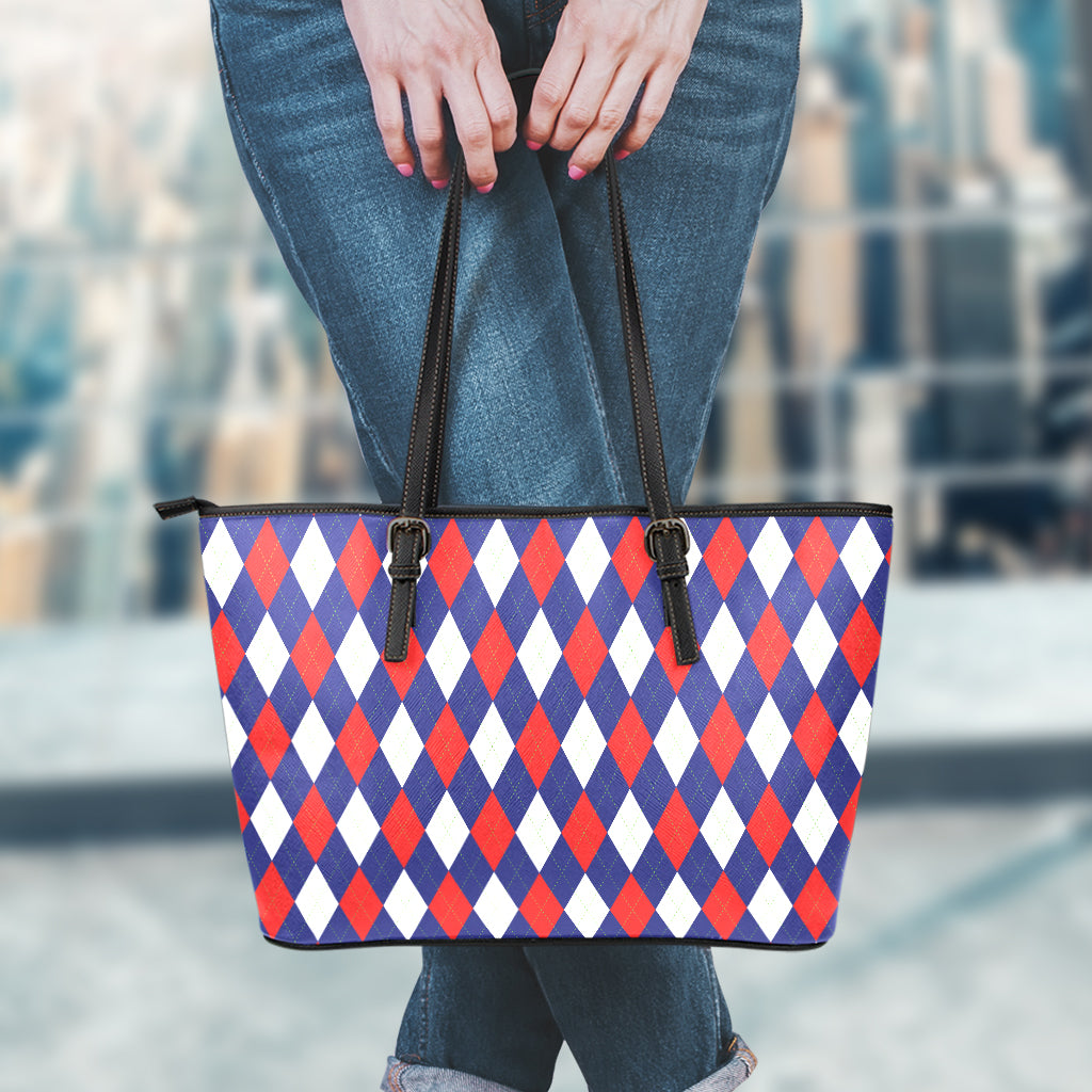 Blue Red And White Argyle Pattern Print Leather Tote Bag