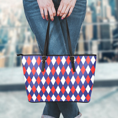 Blue Red And White Argyle Pattern Print Leather Tote Bag