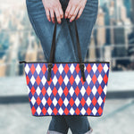 Blue Red And White Argyle Pattern Print Leather Tote Bag