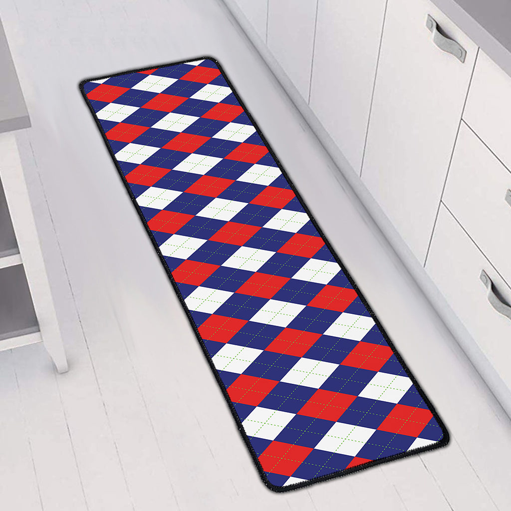 Blue Red And White Argyle Pattern Print Long Kitchen Mat