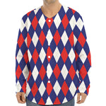 Blue Red And White Argyle Pattern Print Long Sleeve Baseball Jersey