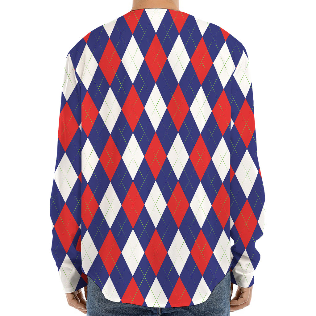 Blue Red And White Argyle Pattern Print Long Sleeve Baseball Jersey