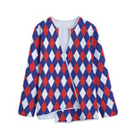 Blue Red And White Argyle Pattern Print Long Sleeve Short Coat