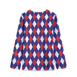 Blue Red And White Argyle Pattern Print Long Sleeve Short Coat