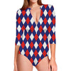 Blue Red And White Argyle Pattern Print Long Sleeve Swimsuit