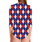 Blue Red And White Argyle Pattern Print Long Sleeve Swimsuit