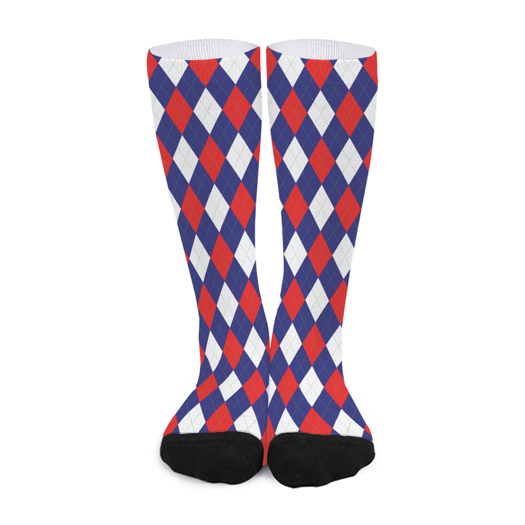 Blue Red And White Argyle Pattern Print Long Socks