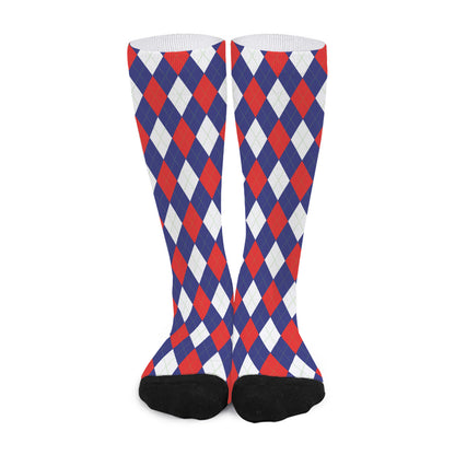 Blue Red And White Argyle Pattern Print Long Socks