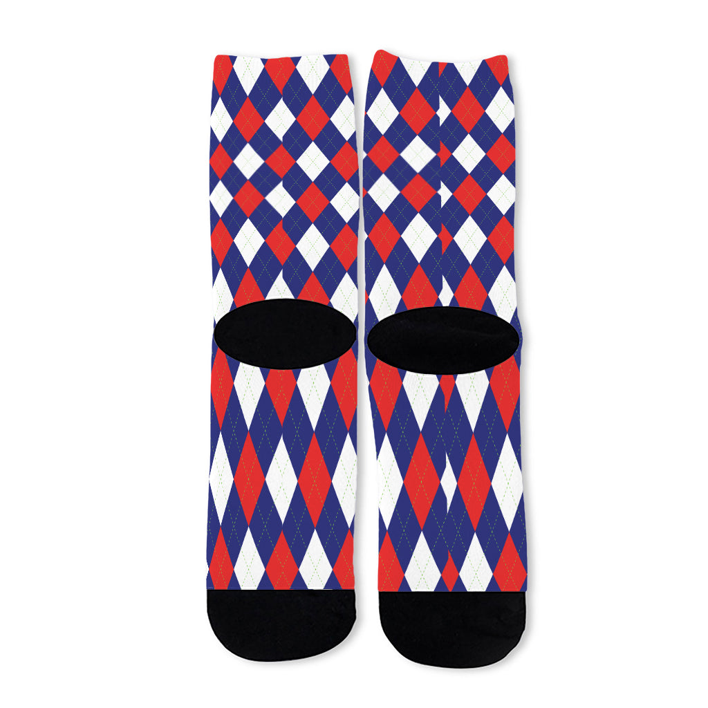 Blue Red And White Argyle Pattern Print Long Socks