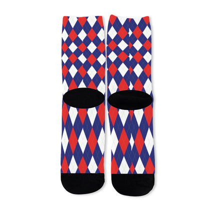 Blue Red And White Argyle Pattern Print Long Socks