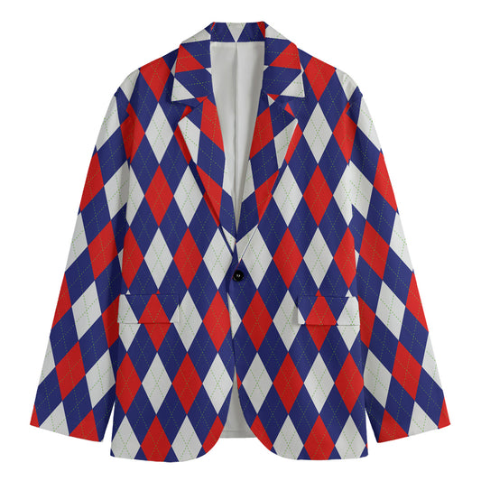 Blue Red And White Argyle Pattern Print Men's Blazer