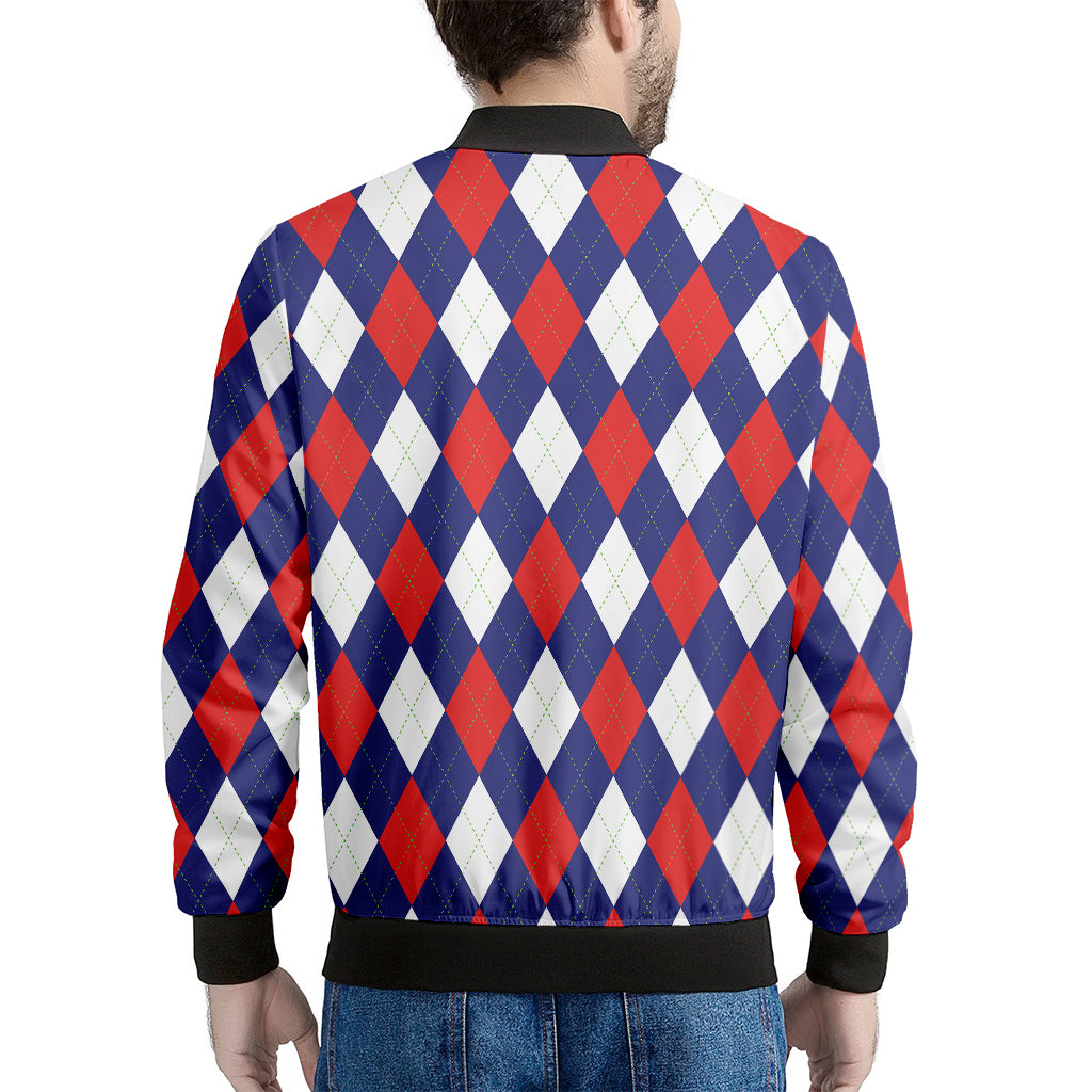 Blue Red And White Argyle Pattern Print Men's Bomber Jacket