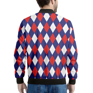 Blue Red And White Argyle Pattern Print Men's Bomber Jacket