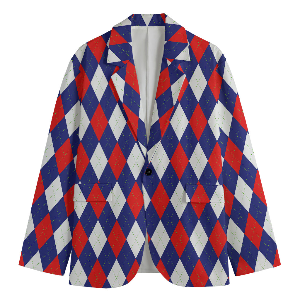Blue Red And White Argyle Pattern Print Men's Cotton Blazer