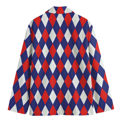 Blue Red And White Argyle Pattern Print Men's Cotton Blazer