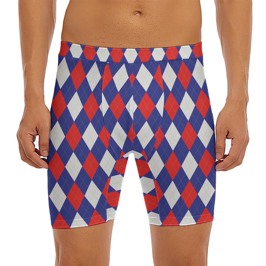 Blue Red And White Argyle Pattern Print Men's Long Boxer Briefs